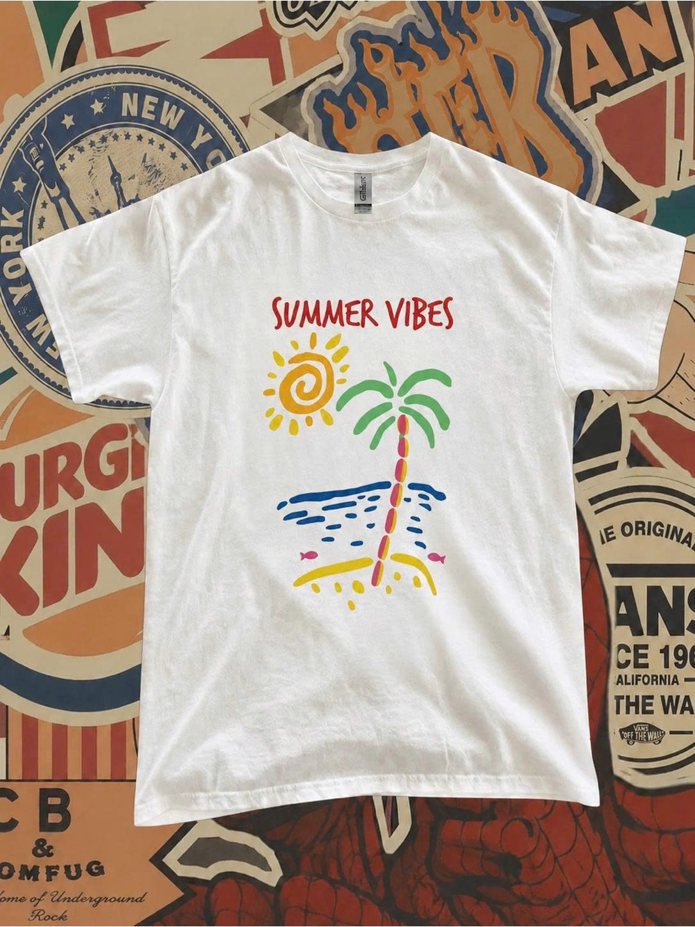 Gildan White "Summer Vibes" Palm Tree Graphic Tee